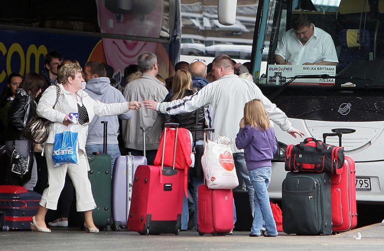 LONDON, ENGLAND - MAY 20: Passengers board a bus leaving for Poland from Victoria coach station on May 20, 2009 in London, England. The Office for National Statistics (ONS) has released new figures showing a slow down in the number of migrants taking official residence in the UK from EU countries such as Poland due to an increase in the number leaving. (Photo by Dan Kitwood/Getty Images)