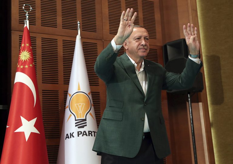 Turkey's President Recep Tayyip Erdogan gestures as he talks to members of his ruling Justice and Development Party, AKP, in Kizilcahamam, outside Ankara, Turkey, Sunday, April 28, 2019, during a three-day closed door meeting to assess recent local election results. Preliminary results show that AKP lost control of Turkey's largest city, Istanbul, and its capital, Ankara to the main opposition party. (Presidential Press Service via AP, Pool)