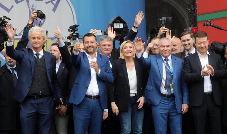 epa07581661 Italian Interior Minister, Deputy Premier and leader of Italian party 'Lega' (League), Matteo Salvini (C), with Marine Le Pen, Leader of the French National Front and Dutch far-right politician Geert Wilders (L) of the PVV party attend a rally with leaders of other European nationalist parties, ahead of the 23-26 May European Parliamentary elections, at the Duomo square in Milan, Italy, 18 May 2019. EPA/MATTEO BAZZI
