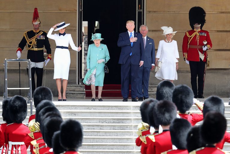 LONDON, ENGLAND - JUNE 03: Queen Elizabeth II (second left) officially welcomes US President Donald Trump (C) and First Lady Melania Trump (L) with Prince Charles, Prince of Wales and Camilla, Duchess of Cornwall (R) during their visit on June 03, 2019 at Buckingham Palace in London, England. President Trump's three-day state visit will include lunch with the Queen, and a State Banquet at Buckingham Palace, as well as business meetings with the Prime Minister and the Duke of York, before travelling to Portsmouth to mark the 75th anniversary of the D-Day landings. (Photo by Chris Jackson/Getty Images)