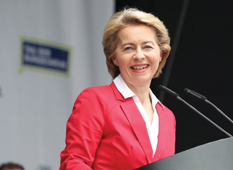 epa07649892 German Minister of Defense, Ursula von der Leyen speaks during the Open Day of the German Armed Forces (Tag der Bundeswehr) at the airfield of Fassberg, northern Germany, 15 June 2019. Throughout Germany, more than a dozen of Army facilities open their gates for visitors. Fassberg airfield was one of the starting points of the Berlin Airlift between 1948 and 1949, when thousands of transport aircrafts delivered food and coal to the people of Berlin, struggling with the blockade by the Soviets. Former US pilot Halvorsen took part in the mission, and dropped candies for the children waiting near the Berlin airfields. EPA/FOCKE STRANGMANN