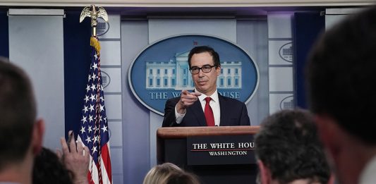 WASHINGTON, DC - JULY 15: U.S. Treasury Secretary Steven Mnuchin talks to reporters about cryptocurrency in the Brady Press Briefing Room at the White House July 15, 2019 in Washington, DC. Mnuchin said the Treasury is very concerned about Facebook's Libra cryptocurrency and that he wants the government to "make sure that the U.S. financial system is protected from fraud.” (Photo by Chip Somodevilla/Getty Images)