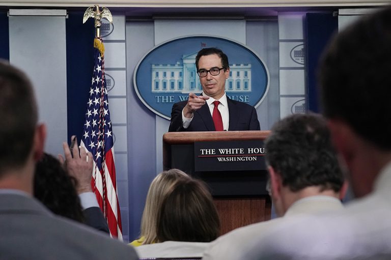 WASHINGTON, DC - JULY 15: U.S. Treasury Secretary Steven Mnuchin talks to reporters about cryptocurrency in the Brady Press Briefing Room at the White House July 15, 2019 in Washington, DC. Mnuchin said the Treasury is very concerned about Facebook's Libra cryptocurrency and that he wants the government to "make sure that the U.S. financial system is protected from fraud.” (Photo by Chip Somodevilla/Getty Images)