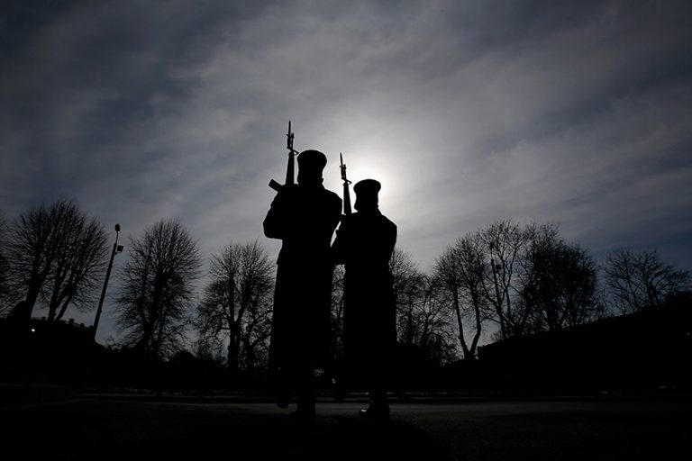 RIGA, LATVIA - MARCH 21: Guards from The Honor of the Headquarters Battalion of the National Armed Forces are pictured in front of The Freedom Monument honouring soldiers killed during the Latvian War of Independence from1918 to 1920 on March 21, 2013 in Riga, Latvia. (Photo by Dean Mouhtaropoulos/Getty Images)