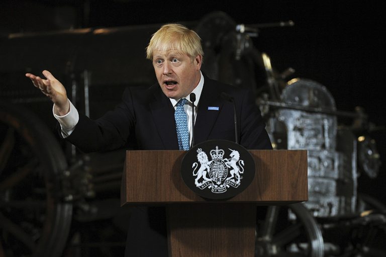 Britain's Prime Minister Boris Johnson during a speech on domestic priorities at the Science and Industry Museum in Manchester, England, Saturday July 27, 2019. Economists have warned that leaving the European bloc without an agreement in under 100-days would disrupt trade to impact on finances and investment. (AP Photo/Rui Vieira)