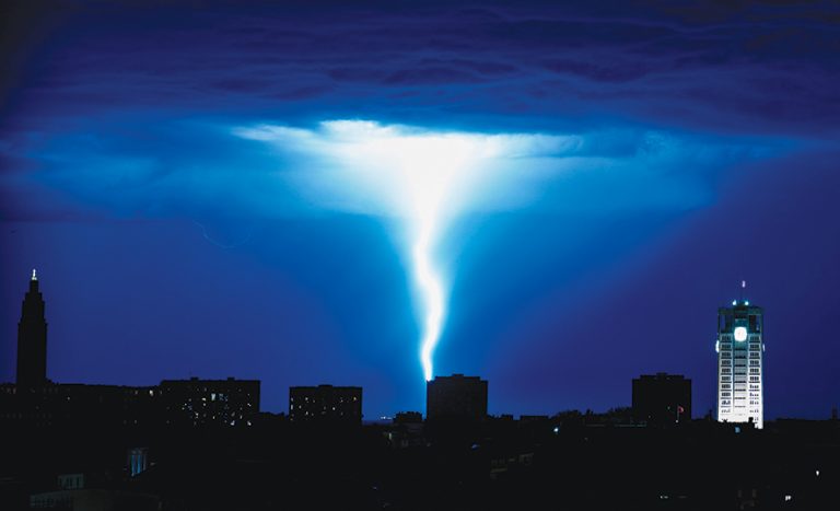 epa07657579 A general view of the city of Le Havre during a lighting storm which hit the region of Northern France, 18 June 2019 (issued 19 June 2019). Late 18 June a heavy storm hit the north of France. According to reports, the storms are expected to move over to the Netherlands and the north of Germany in the coming days. EPA/PETER POWELL .