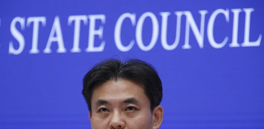 Yang Guang, spokesman of the Hong Kong and Macau Affairs Office of the State Council, speaks during a press conference about the ongoing protests in Hong Kong, at the State Council Information Office in Beijing, Monday, July 29, 2019. Yang said some Western politicians are stirring unrest in Hong Kong in hopes of creating difficulties that will impede China’s overall development. (AP Photo/Andy Wong)