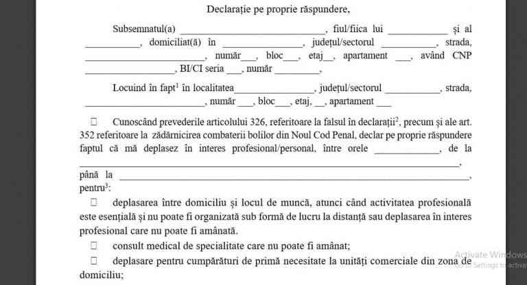 Modelul declarației cu care cetățenii pot ieşi din casă